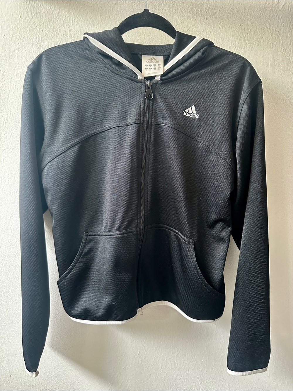 ADIDAS Black Zip-Up Hoodie with White Trim and pockets